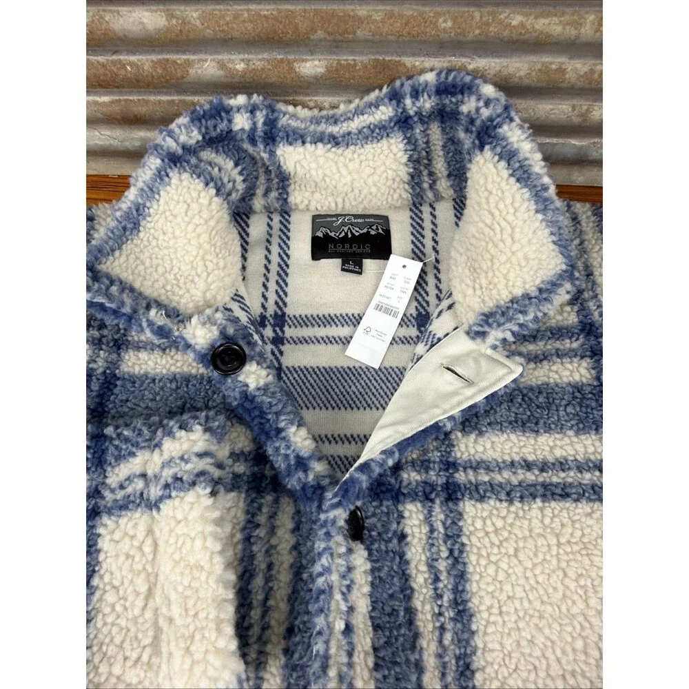 J Crew Nordic All Weather Designs Fuzzy Sherpa Fleece Jacket Women L Window Pane